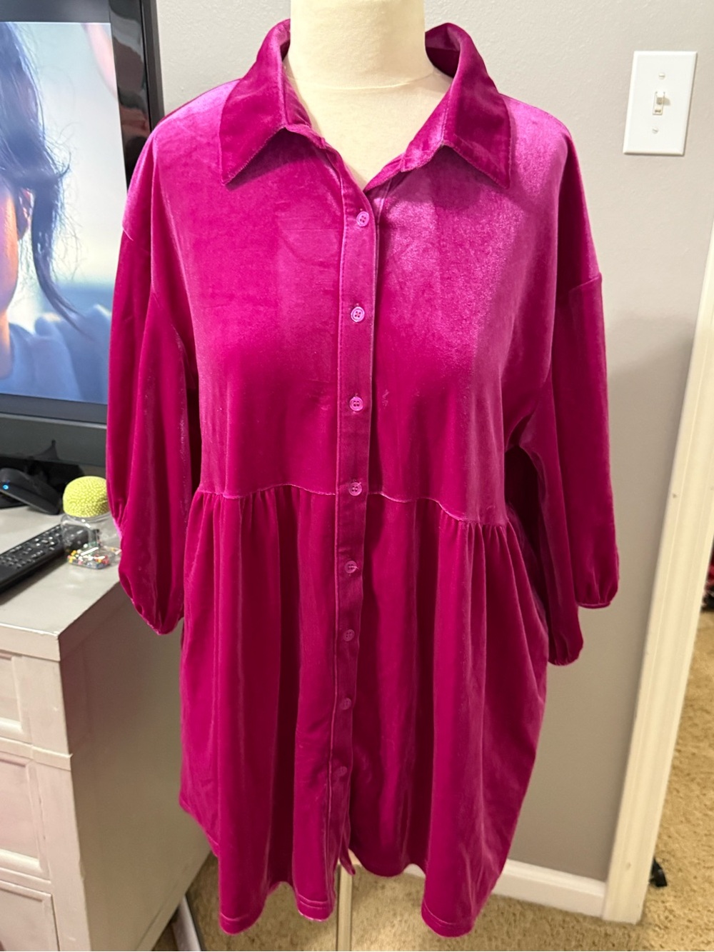 Umgee XL Fuchsia Pink Velvet Tiered Button Front Oversized Dress Tunic